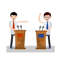 two men standing at podiums and pointing at each other stock illustration